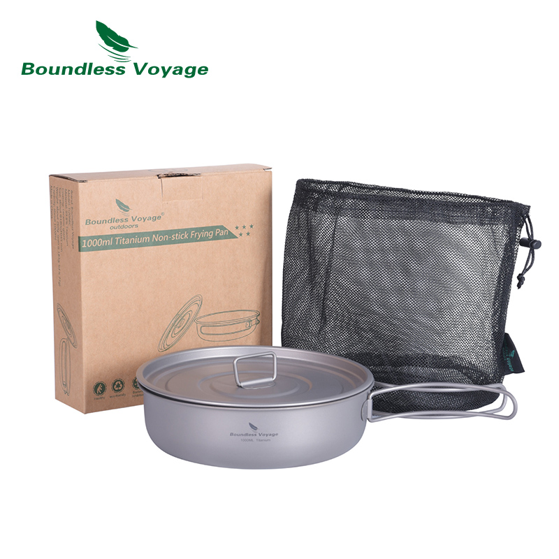 Boundless Voyage Koekenpan met antiaanbaklaag Titanium kookgerei met deksel en opvouwbare handgreep buitenuitrusting