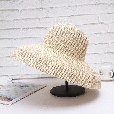Hepburn Style Summer Japanese Straw Hat Sunken Bell-shaped Big Eaves Beach Hat Vintage Fold Fisherman Cap Atmosphere: Beige