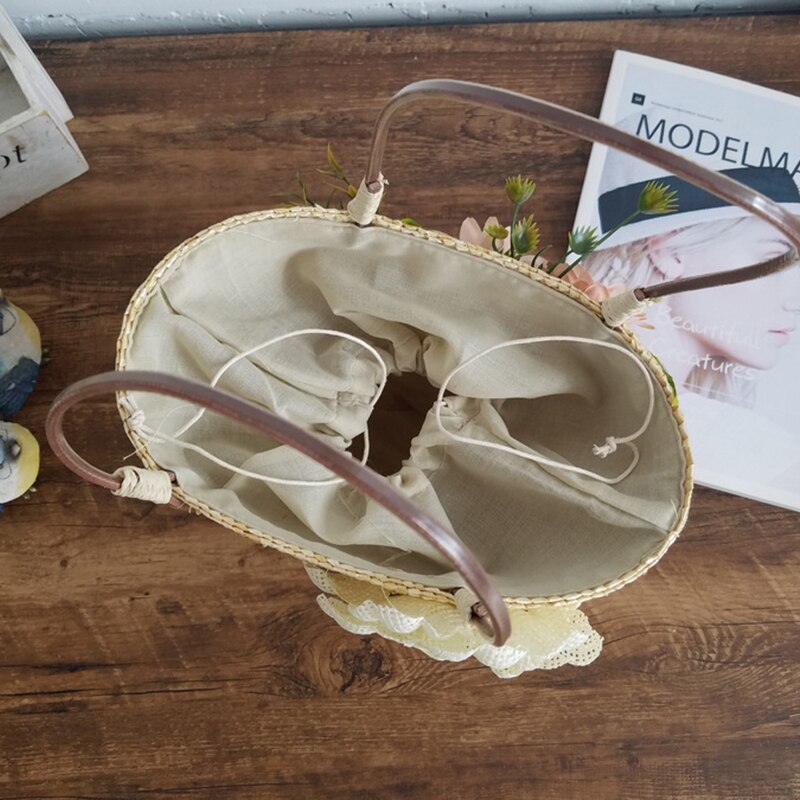 Korean Vintage Style Women Straw Bag Drawstring Beach Tote Bag Artificial Flower Woven Handbag Flower Bags With Rattan Handle