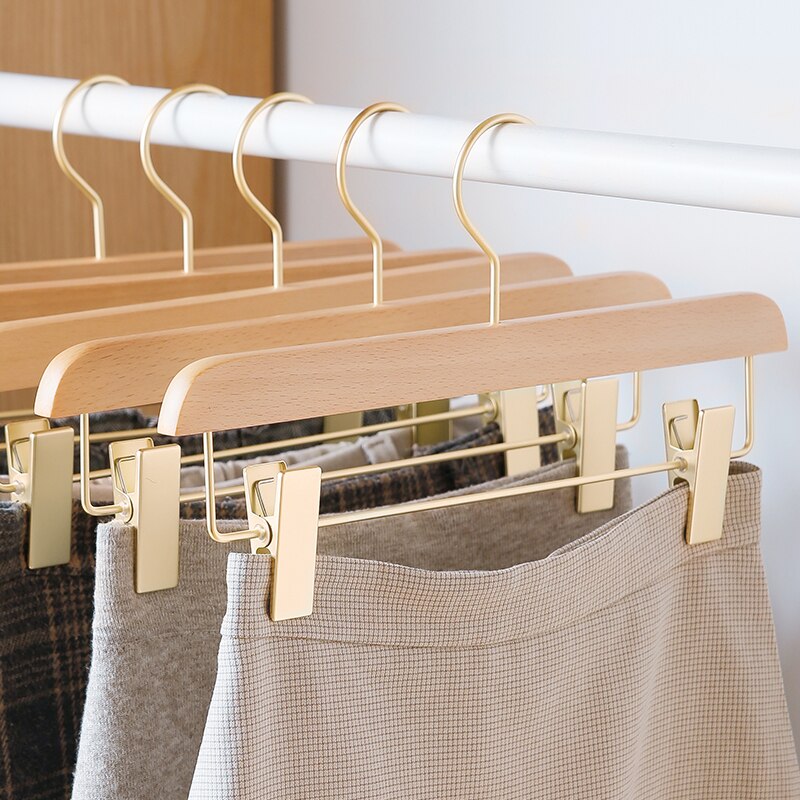 SHIMOYAMA 3 stücke Rose Gold Hosen Lagerung Gestell Buche Kleiderschrank Hosen Felsen KleiderbüGel mit Clips Multi-funktionale Wandschrank Organizer