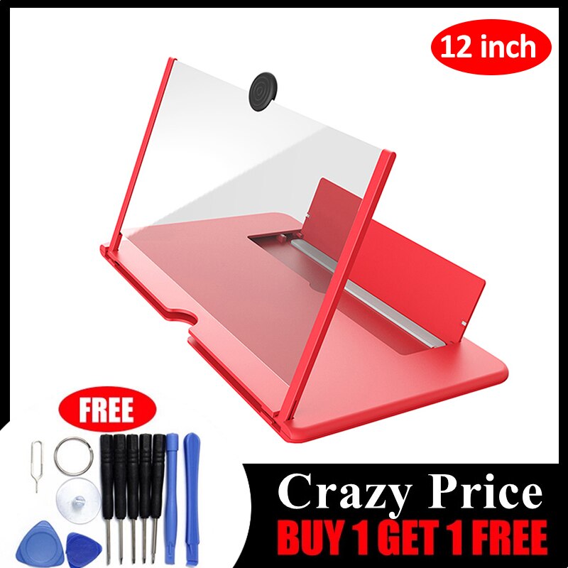 12 inch Folding Enlarged Phone Screen Magnifier Radiation Eye Protection 3D HD Video Amplifier Mobile Phone Stand Bracket Holder: 12 inch red