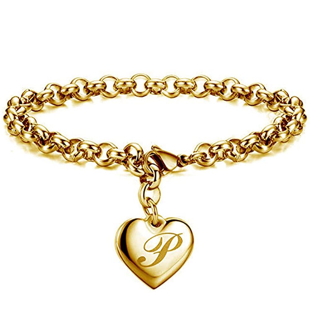 Bracelet avec lettres de l'alphabet en acier inoxydable, 26 lettres, breloque initiale, couleur or, pour femmes et filles, pour enfants: P