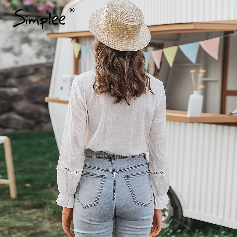 Simplee forår sommer chic hvid bluse vintage udhulet kvindelige kontor damer toppe afslappet blonder lange ærmer korte toppe