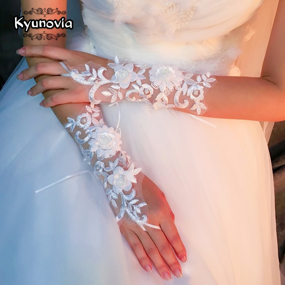 Kyunovia Beste Bruiloft Witte Korte Party Handschoenen Vingerloze Elegante Parels Avond Handschoenen Bridal Wedding Handschoenen D78