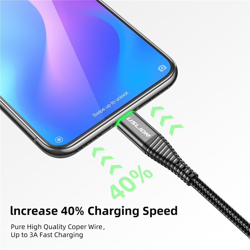 USLION USB Type C LED Fast Cable For Samsung S10 S9 Redmi note 8 pro Phone 3A Fast Charging USB-C Charger Wire Charger Data line