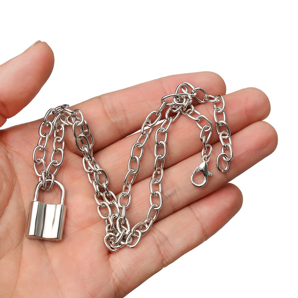 1Pcs Punk Jewelry Gold Silver Color PadLock Pendant Necklace Stainless Steel Rolo Cable Chain Necklace