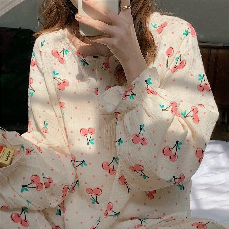 Summer Cotton Pajamas Set For Women Long Sleeve Print Thin Women's Sleepwear Loose Female Nightwear