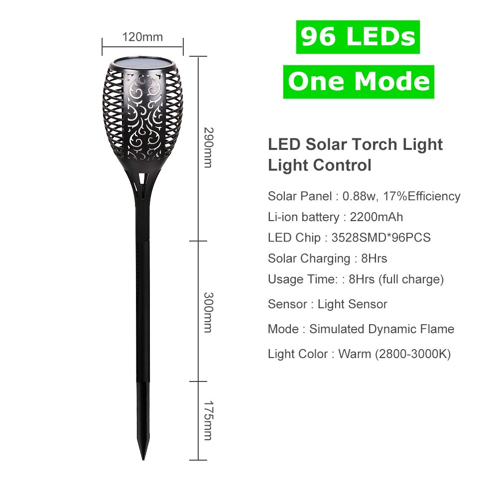 Upgraded Solar Torch Lights 96 LEDs 1 Mode/3 Modes Outdoor Flickering Flame Lamp Waterproof IP65 for Landscape Garden Patio Pool: One Mode