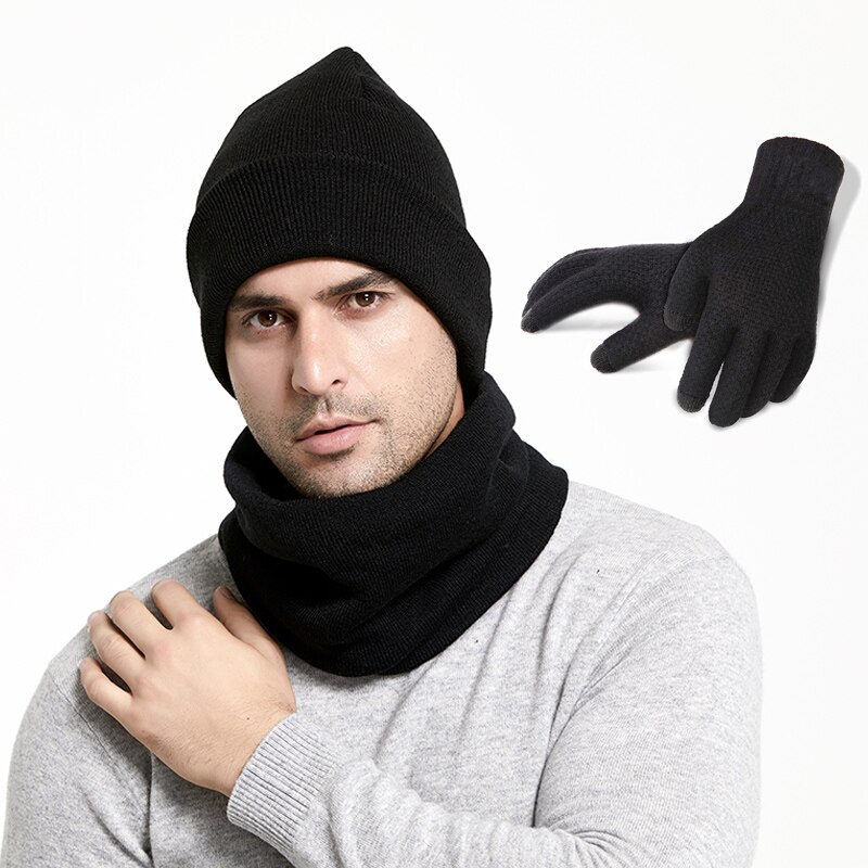 Winter Men Hats Scarves Gloves Set Knitted Plus Velvet Hat Scarf Set Kit Male 3 Pieces/Set Beanies Scarf Glove: Black