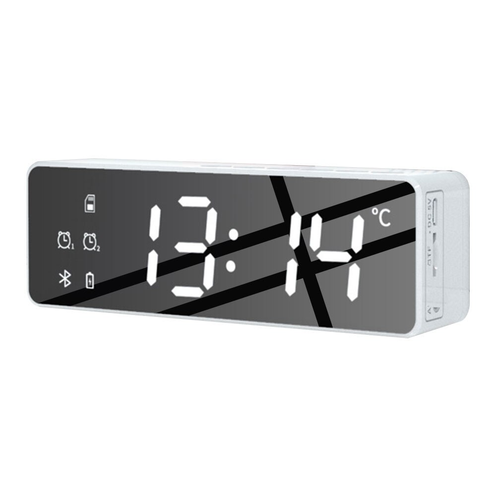 Digital Alarm Clock Smart Wireless Bluetooth Speaker Alarm Clock Stereo Subwoofer with Temperature Monitor Dimmable Display: White