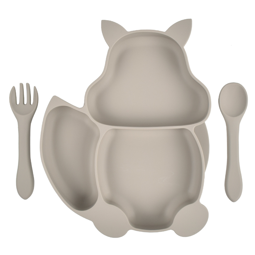 Baby Feeding Set Blue Silicone Suction Plate Squirrel Shape Self Feeding Training Stay Put Plate Soft Spoon Fork Dish Kit: 2