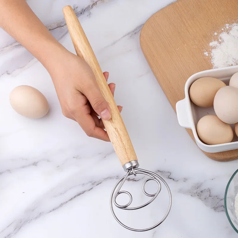 Batidor de masa con mango de madera grande, batidor danés, batidora Manual de masa para pan, batidor de cocina, batidor Manual de huevos, herramientas para hornear, accesorios