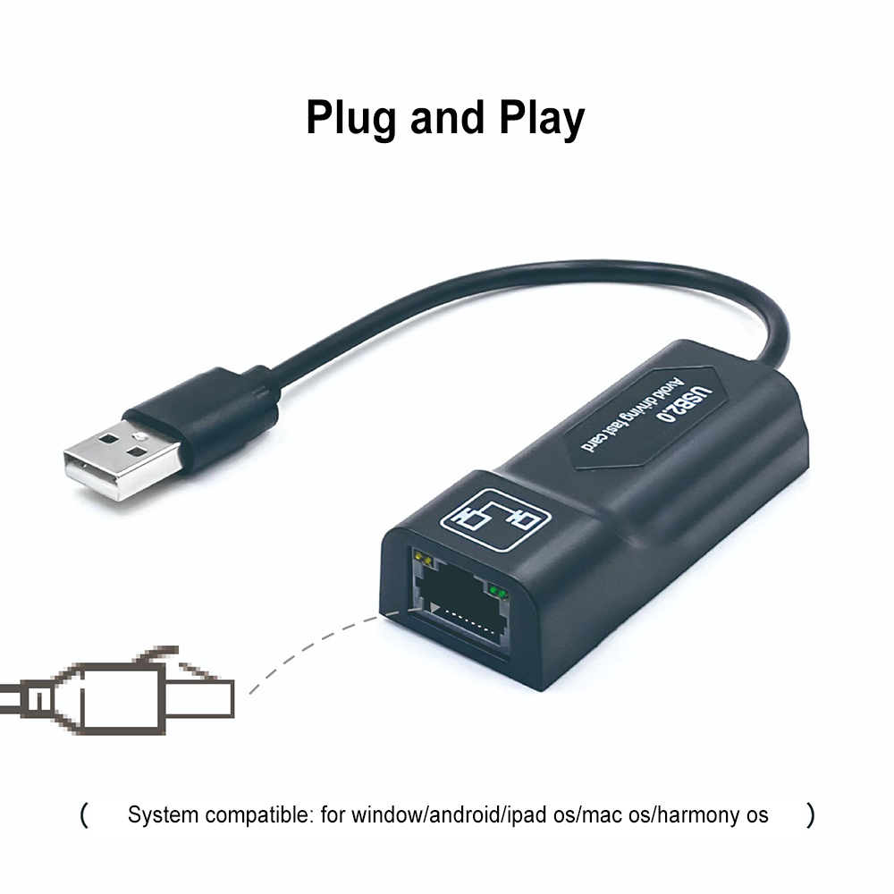Usb ethernet-adapter usb 2.0 til rj45 nettverkskort med otg-kabel lan 100m nettverksadapter med ledet-indikator støpsel og spille