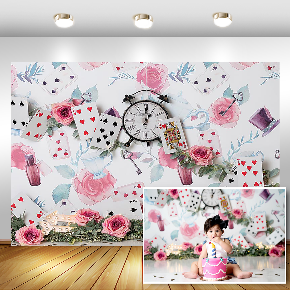 Alice Wonderland fille anniversaire photographie arrière-plan carte à jouer horloge rose fleurs -né bébé arrière-plans pour Studio Photo