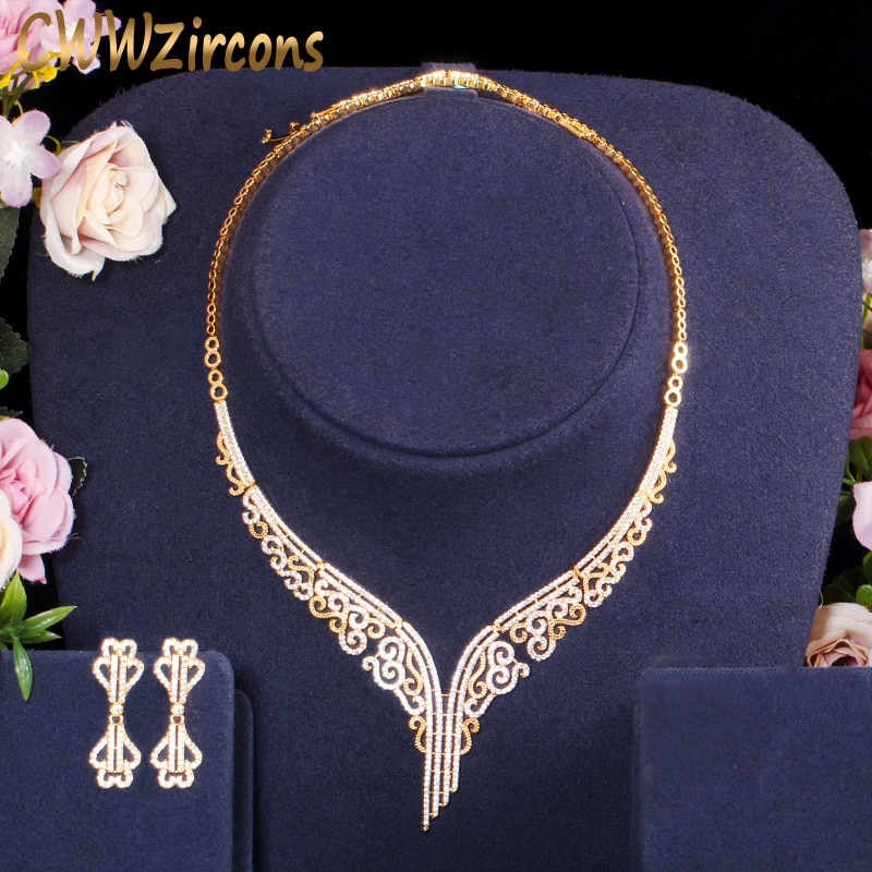 CWWZircons fête royale européenne couleur or jaune Zircon cubique Ethinc collier et boucle d'oreille ensembles de bijoux accessoires de mariage T418