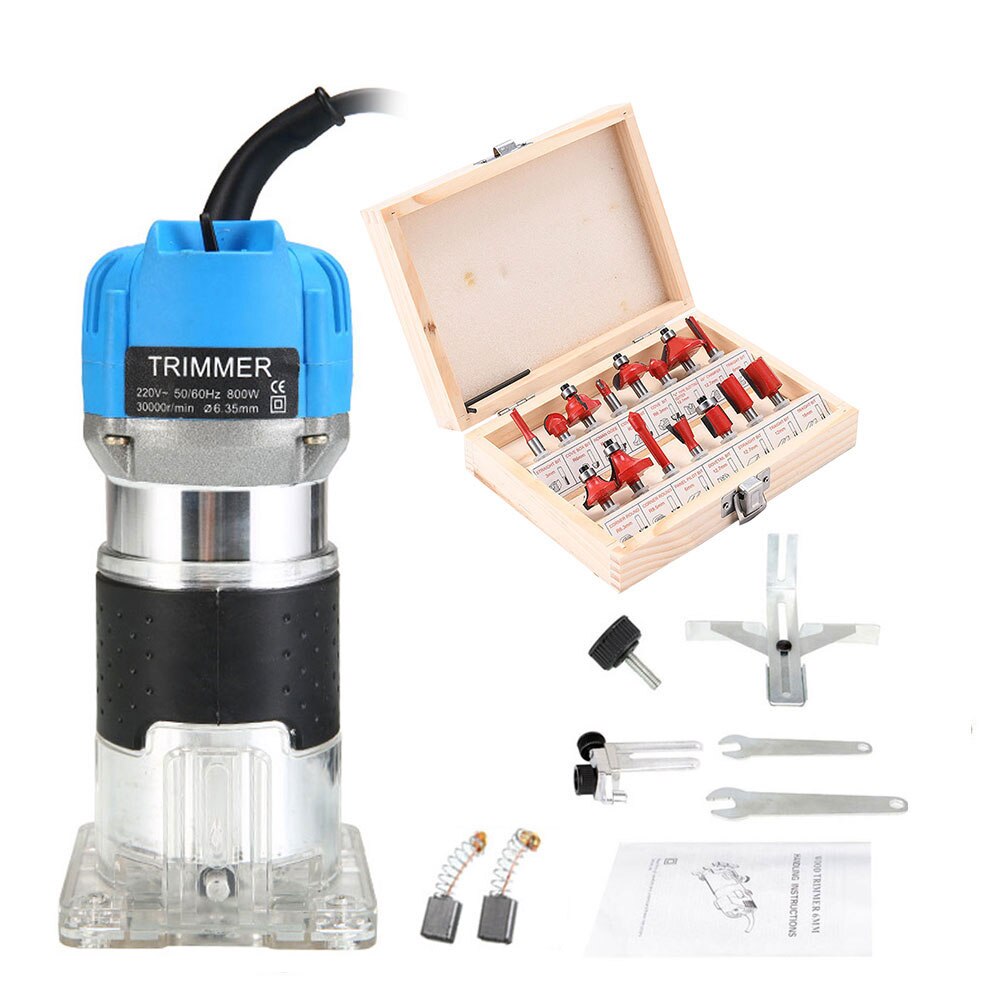 Electric Wood Trimmer Woodworking Machine &amp; 15 PC Wood Milling Cutter for Wood Router Home Diy Milling Machine 6.35 &amp; 8 mm Chuck: B 800w X Cutter