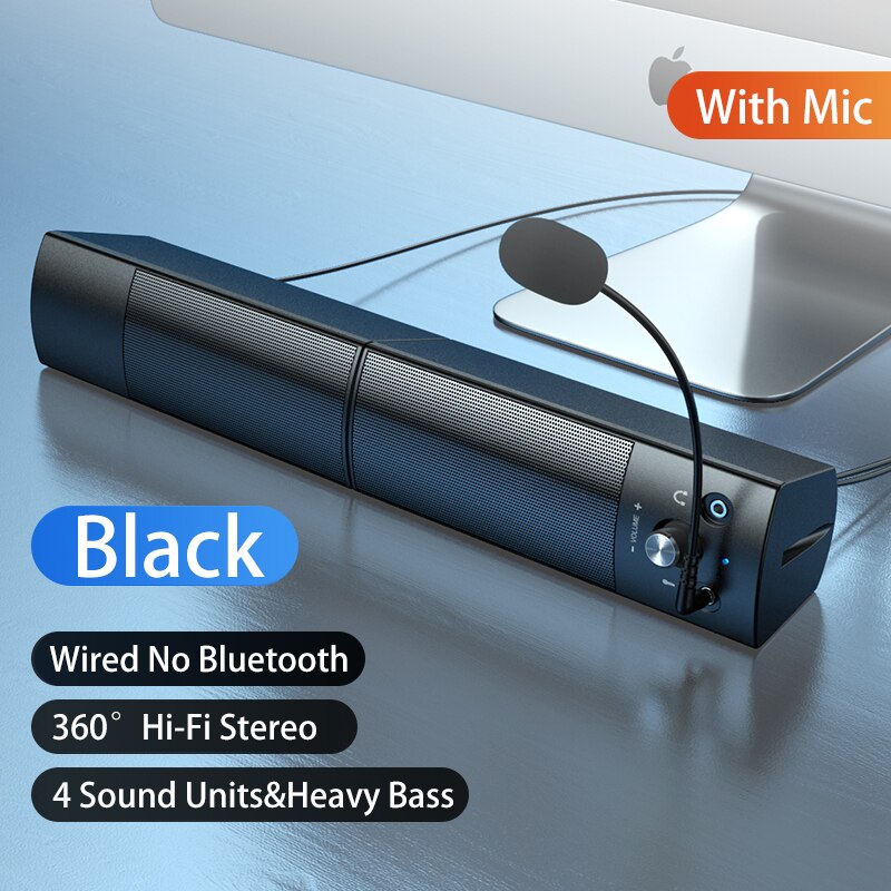 Altavoz con Bluetooth y barra desmontable para ordenador, Subwoofer con sonido envolvente, cable USB, reproductor de música Dual, novedad de: Black wired mic