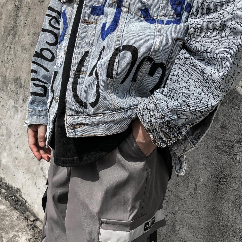 Mens Graffiti Denim Jassen Streetwear Hip Hop Casual Patchwork Ripped Verontruste Punk Rock Jeans Jassen Uitloper