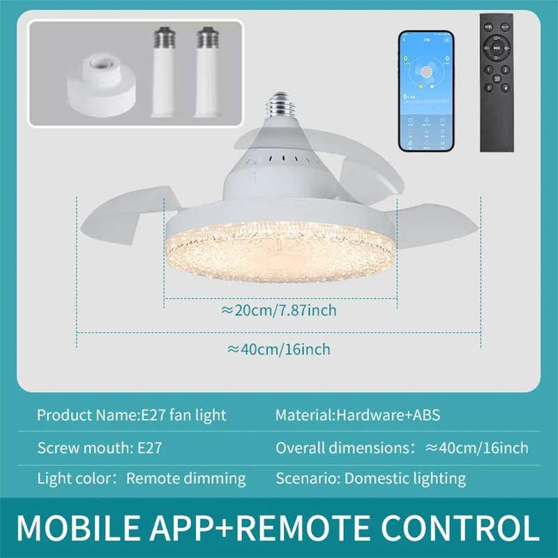 Ceiling Fan Light Retractable Blades Fans Crystal Lampshade APP and Remote Control Fans Light Modern and Simple Bedroom Lighting: GRAY