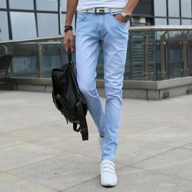 Skinny Jeans Men Blue Slim Fit Korean Style Leisure Chic Retro Solid Denim All-match Hip Hop Male Trousers: 34