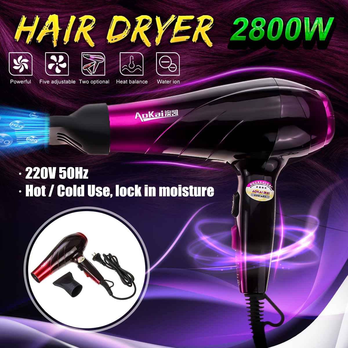2800W Electric Hair Dryer Salon Household Hairdressing Blow Cold Wind Hair Dryer AC Motor Detachable Air Inlet