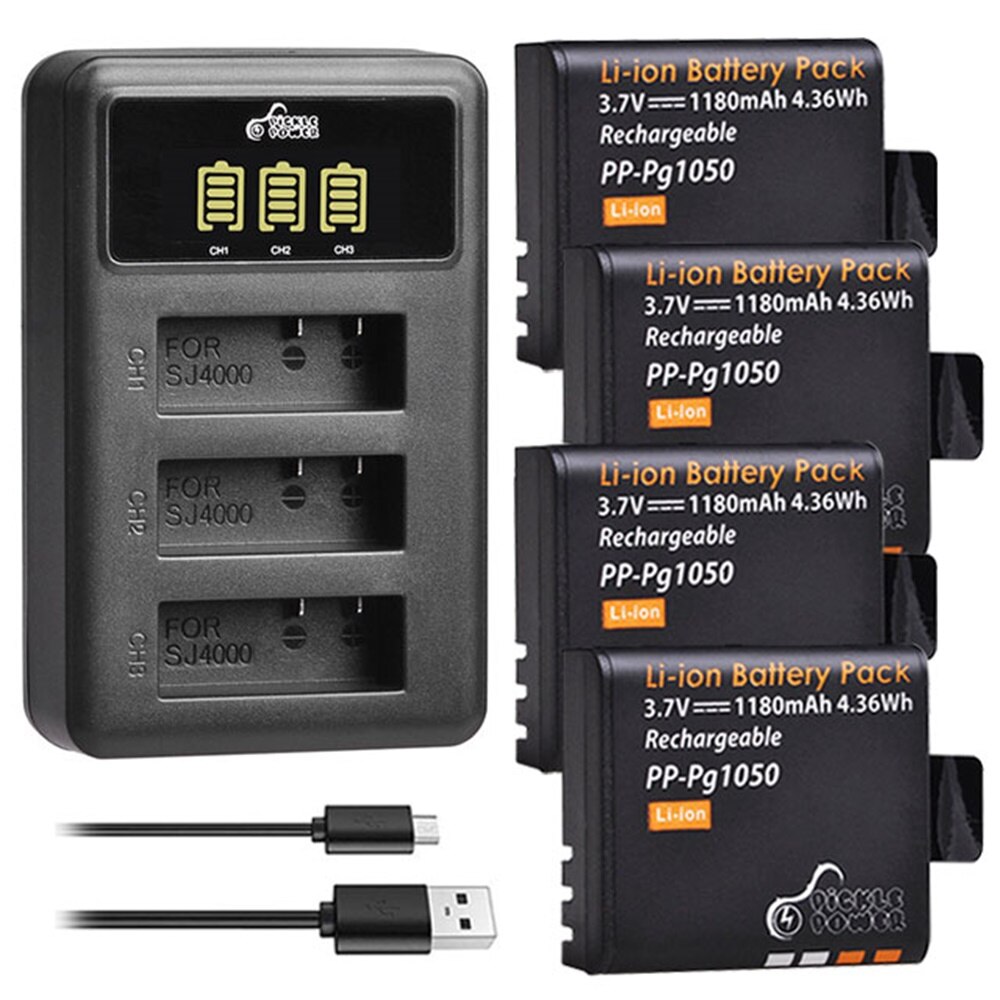3Pcs PG1050 Actie Camera Batterij + 3 Poorten Led Charger Voor Sjcam SJ4000 SJ5000X Eken H9 H9R H8R H8: 4 Battery 1 Charger