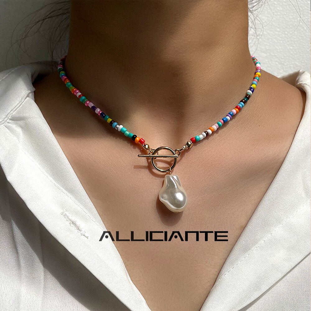Boho arco-íris irregular grande pérola semente frisado colar para as mulheres simples cordão grânulo gargantilha barroco feito à mão colar y2k jóias