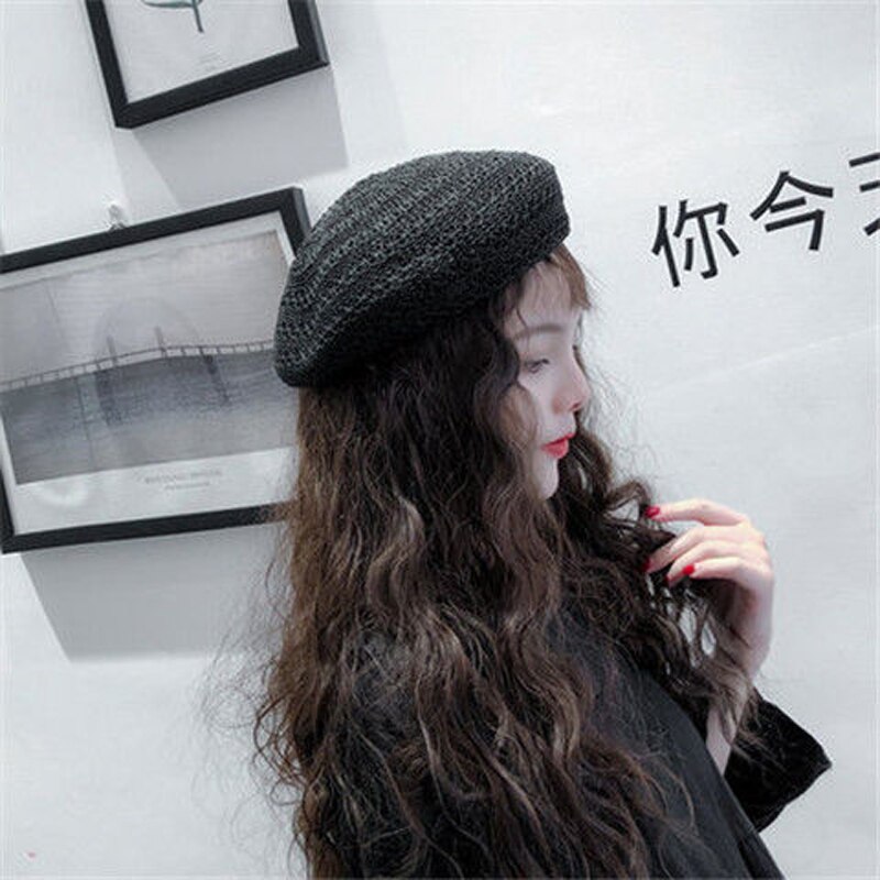 Foux Baret Stro Vrouwen Zomer Mesh Ademende Hoed Gebreide Koreaanse Stijl Franse Baret Dames Vrouwelijke Verstelbare Touw