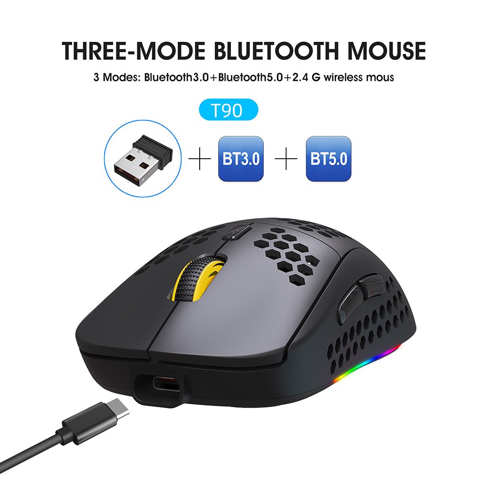 HXSJ Hole Heat Dissipation Light 2.4G Wireless Mouse Rechargeable 3600DPI Adjustable RGB Lighting for Notebook PC: T90 BT three mode