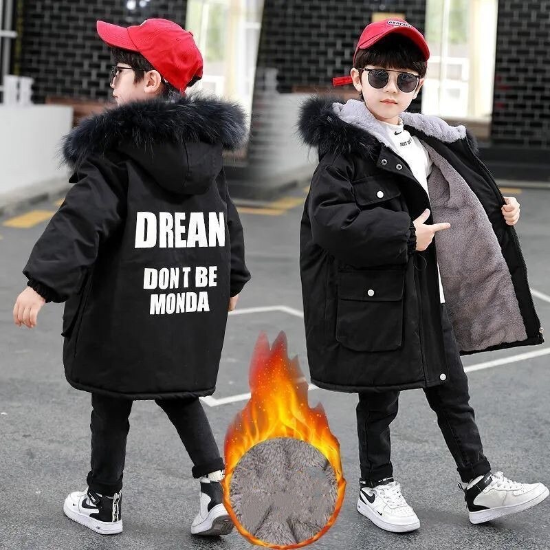 Meninos roupas 2021 novo inverno quente jaqueta crianças além de veludo grosso casacos preto azul com capuz jaquetas roupas adolescentes crianças outerwear: black / 5