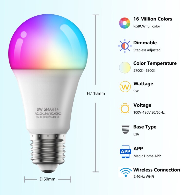 WiFi US 9W smart bulb can be used with Alexa RGB dimmable timer function remote control light with Bluetooth remote control