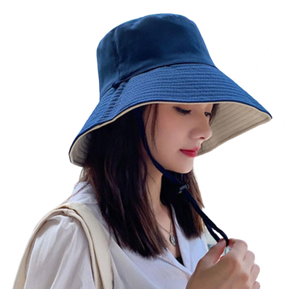 Double-sided Foldable WOmen Bucket Hat Sun Hat Solid Color Double-layered Big Sunscreen Basin Hat for Outdoor Summer: Blue