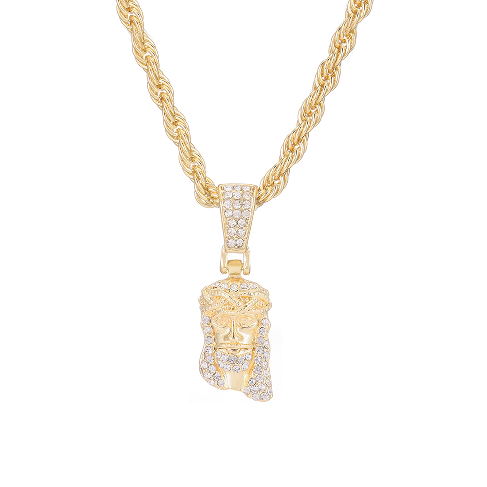 Colgante de cara de cabeza de pieza de Jesucristo para hombres, collar con dije de cristal brillante helado con cadena, joyería de Hip Hop: 70 cm / Color dorado