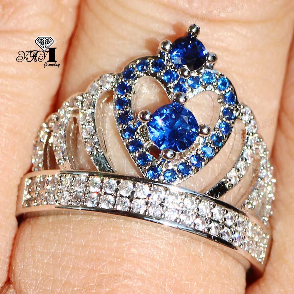 YaYI Schmuck Prinzessin schneiden 8 CT Blau Zirkon Silber Farbe Engagement Ringe hochzeit Herz Krone Ringe Party Ring Weihnachten