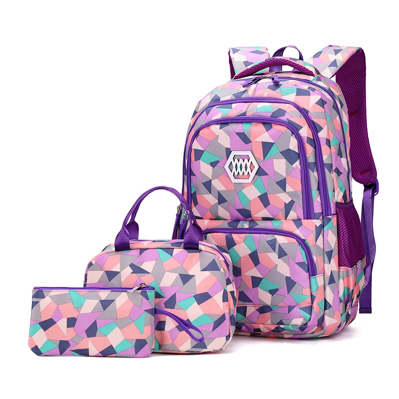 3 kpl sarja geometriset printit perusreput isokokoiset koululaukut yläkoulun tytöille pojille kirjalaukut mochila escolars: Iso violetti