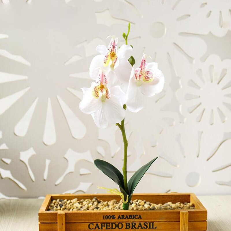 Three Flowers Butterfly Orchid Artificial Flower Pot Plant Plastic Flower Branch Phalaenopsis Family Table Office Decoration: White