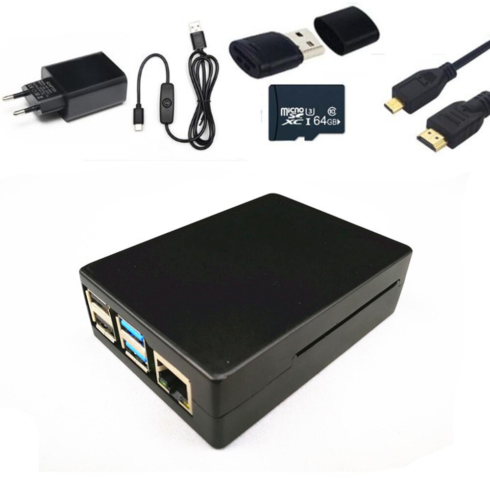 Raspberry PI 4 Case Kit Aluminum Case 5V 3A Power Adapter 64G Micro SD Card Micro HDMI Cable For Raspberry Pi 4 Model B: Black Kit