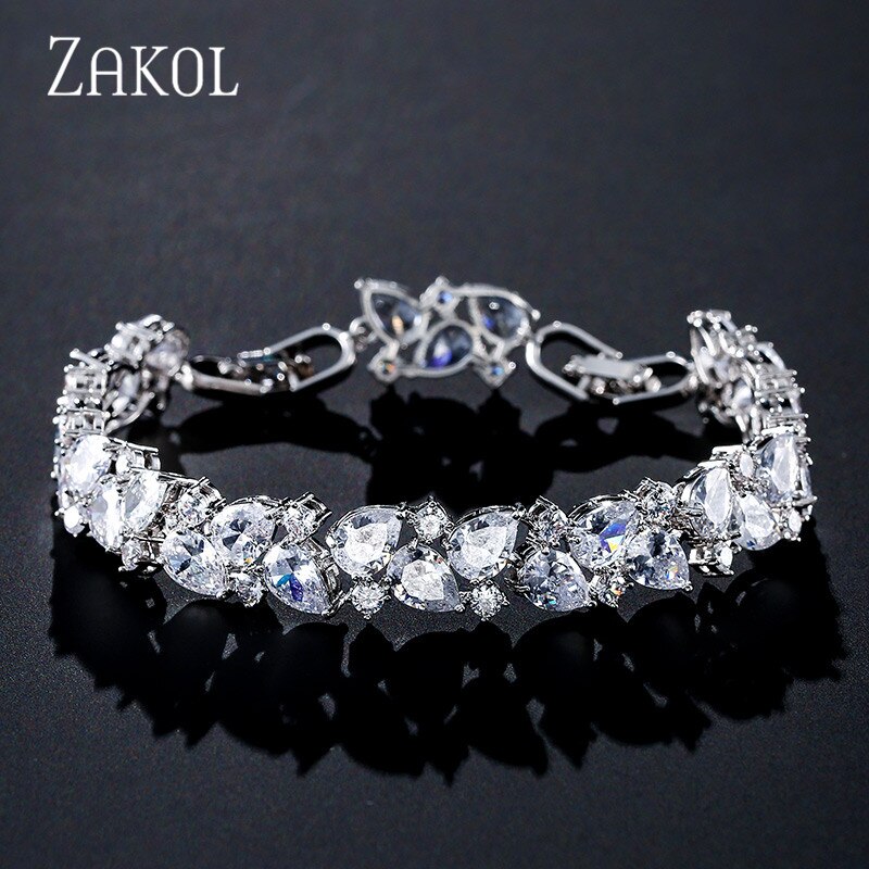 ZAKOL Shiny Cubic Zirconia Women Bracelets Bangles for Brides CZ Leaf Engagement Wedding Jewelry FSBP2104