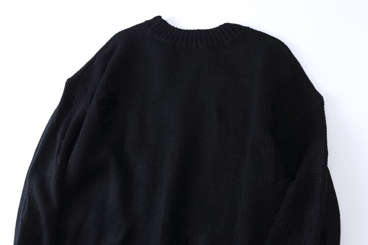 Ropa coreana para hombre, suéter con orificios rasgados, Vintage, ropa informal suelta, suéter negro de lana cálida