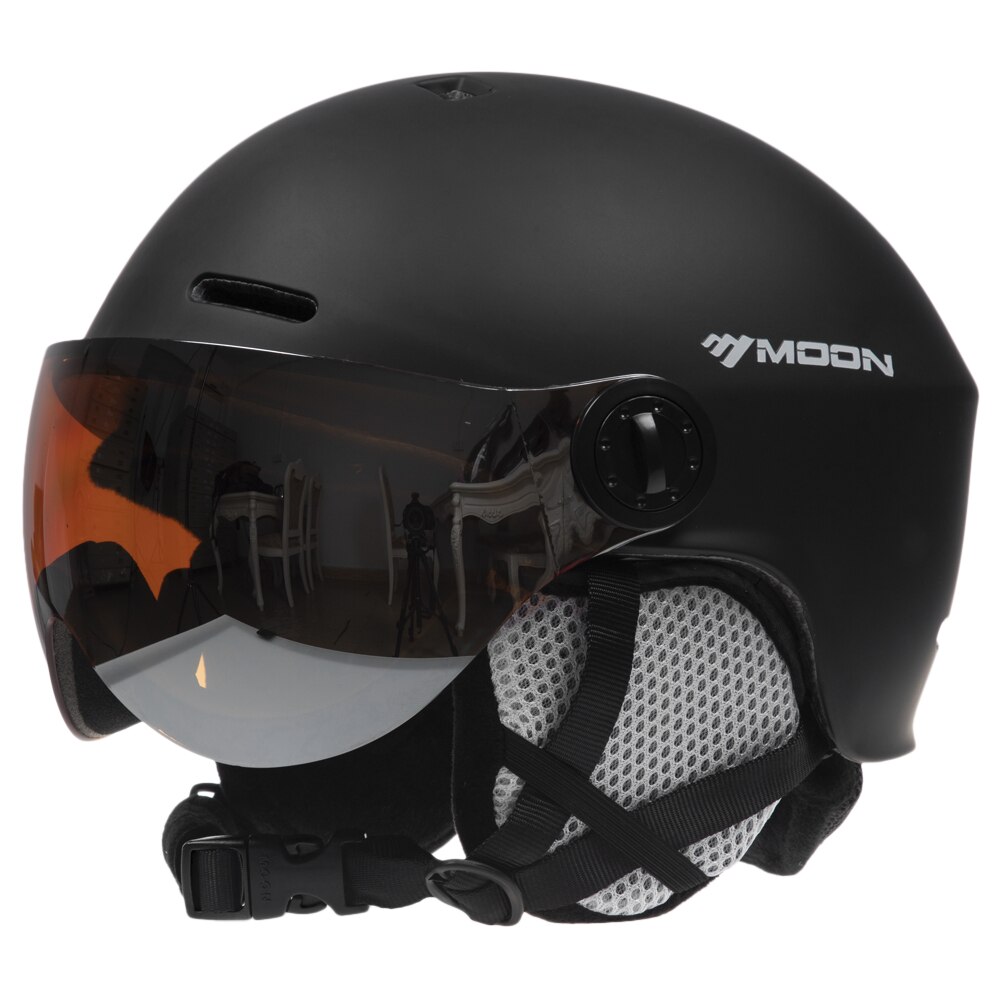 Mænd kvinder ski snowboard hjelm med ørekappe beskyttelsesbriller sikkerhed ski pc+eps hjelm ski sne sports snowboard hjelm: Sort / M
