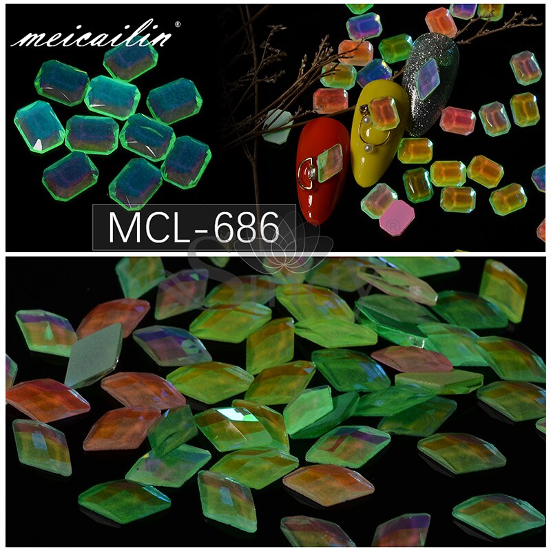 Mix 60pcs Fluorescerende Glas Nail Rhinestones Set Lichtgevende Plaksteen Diamant Vierkante Kristallen Glow In The Dark Gems Art Decoraties