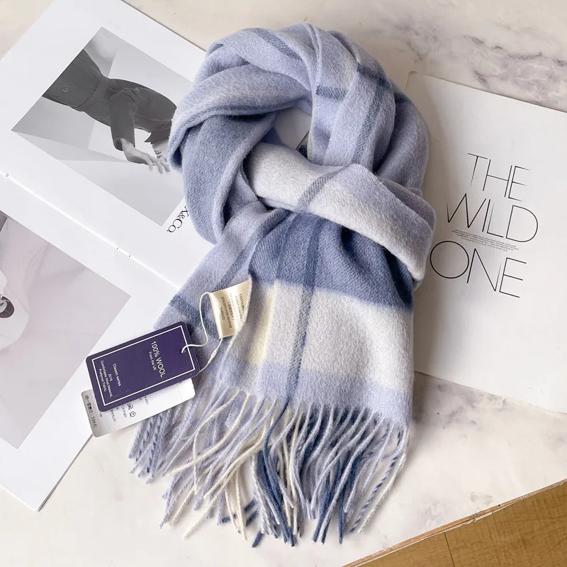 Ullskjerf for menn vinter dypblå rutete ullhalsvarmer luksus for kjæreste, pappa og eldre