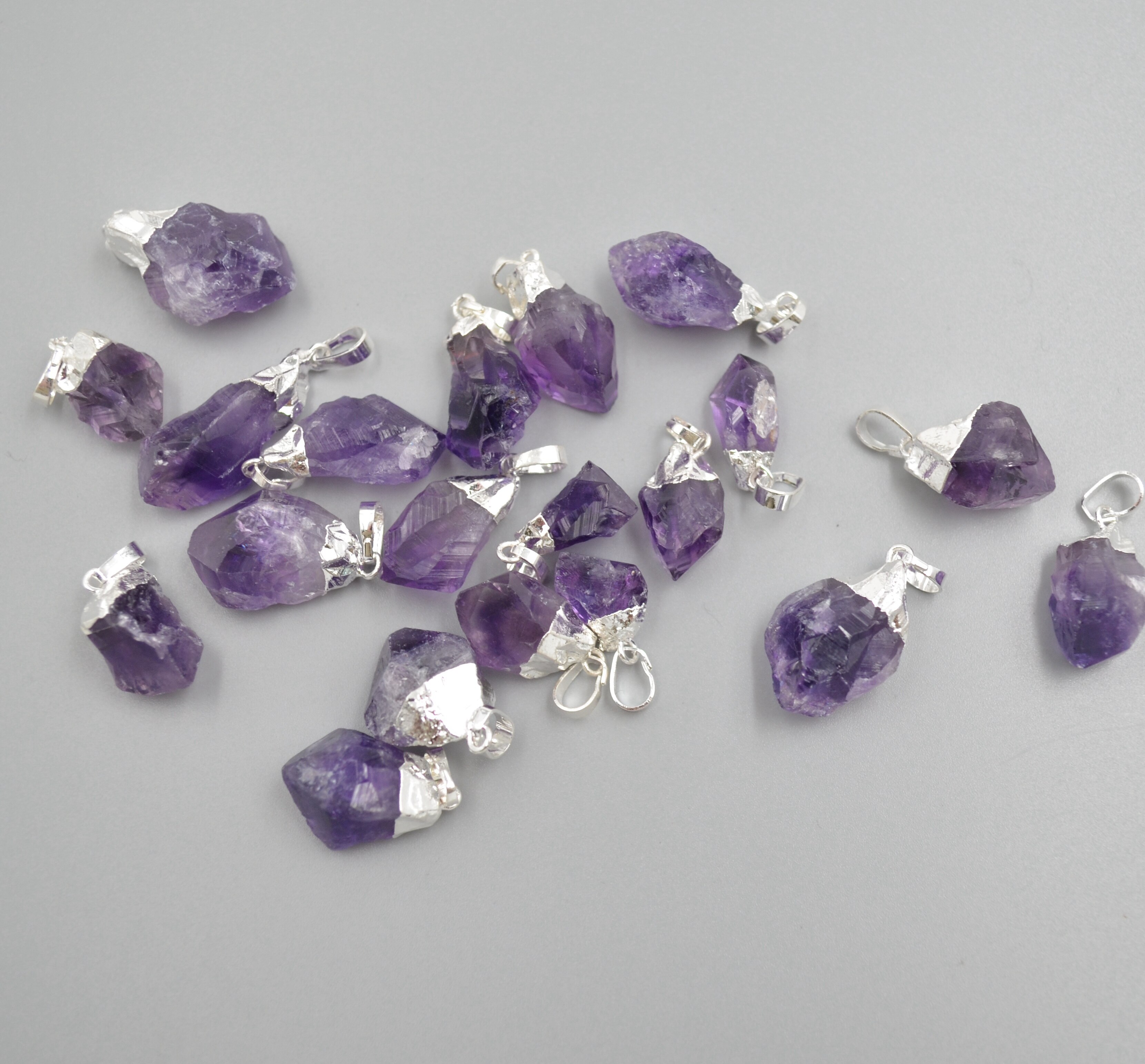 Amethysts agates pendants with silvery electroplated ,purple crystral quartz charms