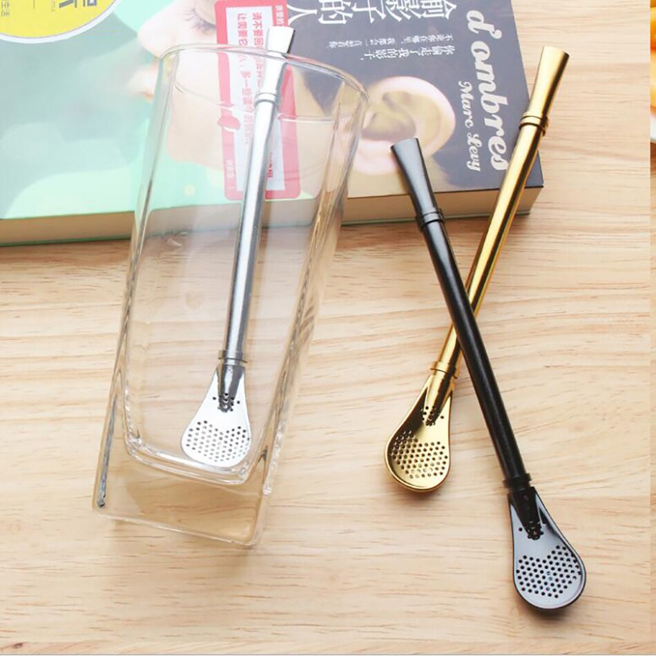 Stainless Steel Tea or coffee Straw tubes and Spoon Tea Filter Stick Spoon Tea Strainer Cocktail Shake bar Party Supply