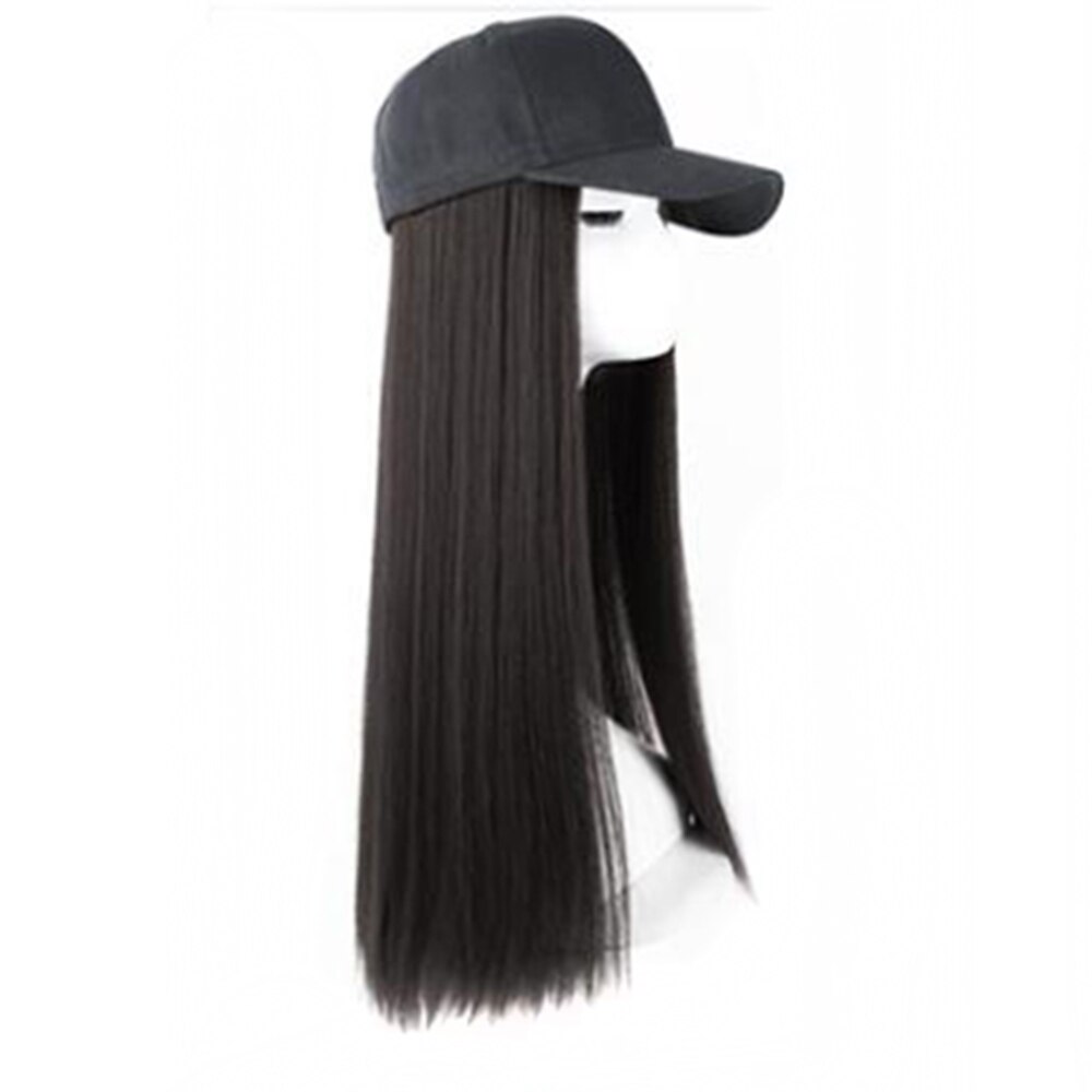 Long Straight Black Hat Baseball Cap with Hair Extension Brown Wig Hairpieces Synthetic Hair Pieces: Black