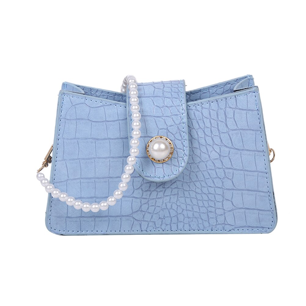 Jugend Damen Einfache Vielseitige Tasche Frauen Einfarbig Handtaschen Dame PU Leder Perle Kette Kleine Schulter Totes Tasche: Blau