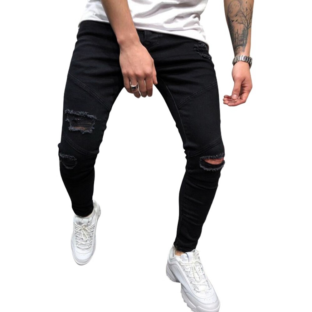 Jeans Men Men's Black Door-front Button Zipper Ripped Slimming Hip Hop Denim Jeans for Men