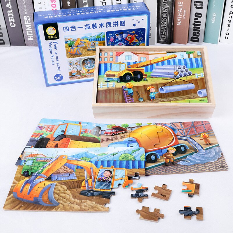 WYW – Puzzle 4 en 1 en bois pour enfants, avec boîte de rangement, grand modèle exquis, jouet Parent-enfant
