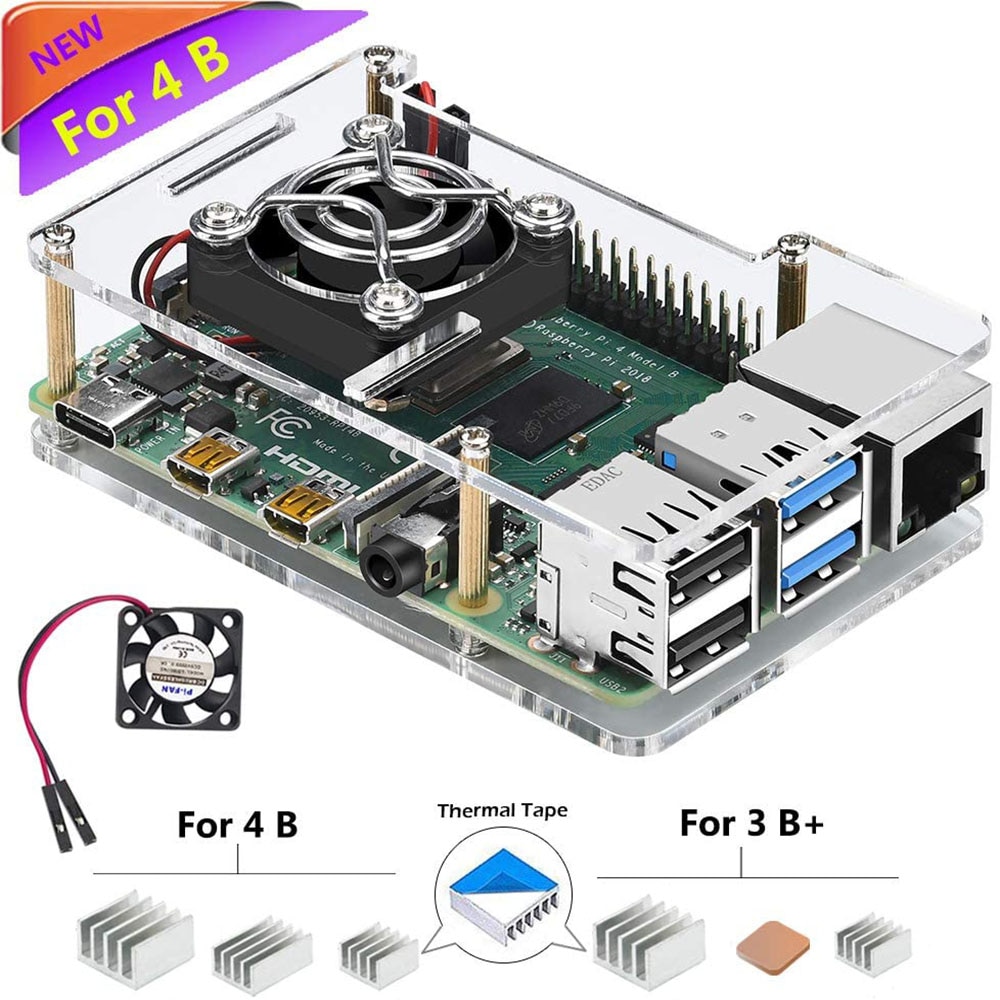 Raspberry Pi 4 Mini Case 2 layers of Acrylic with Heatsink and DC5V 2 pin Cooling Fan For Raspberry Pi 4 Model B 4B, 3B +, 3B