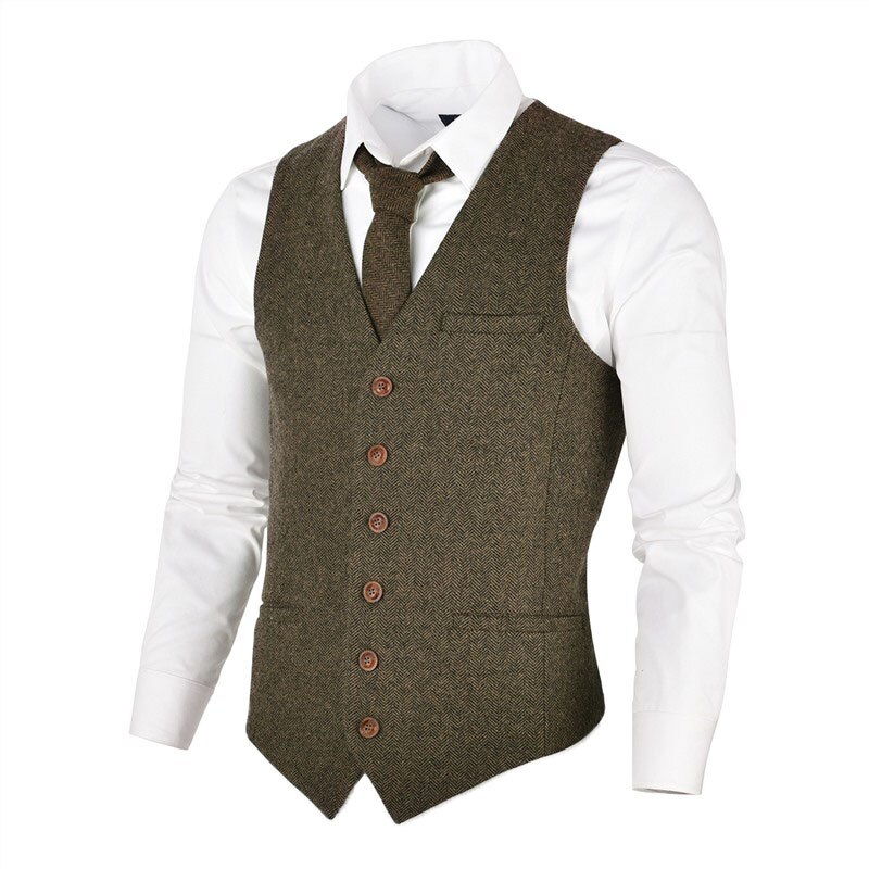 VOBOOM kamizelka męska kamizelka kawowa męska mieszanka wełny w jodełkę Tweed jednorzędowe kamizelki 007